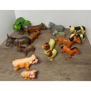 15 Piece Soft Sided‎ Vintage Farm Animals & Tree w/Babies Figurines Toy Playset
